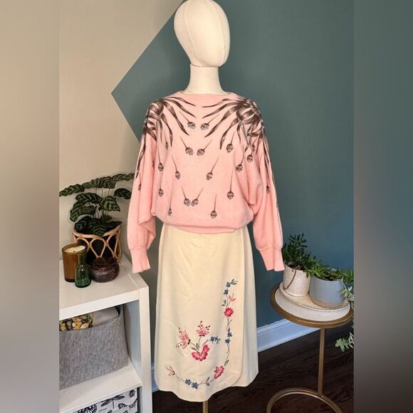 Vintage 80s/90s Marianna di Firenze Pink Lambswool Angora Floral Sweater Size M - Picture 2 of 11